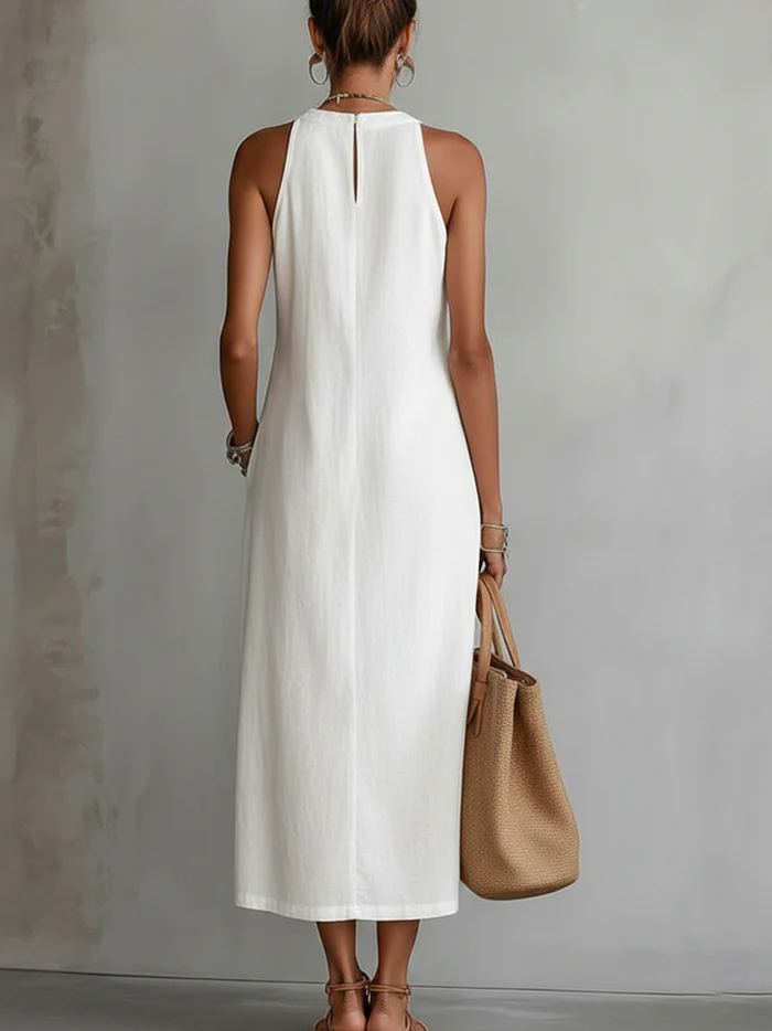 Sovelle | Linen Midi Dress with Mao Collar and Natural Style