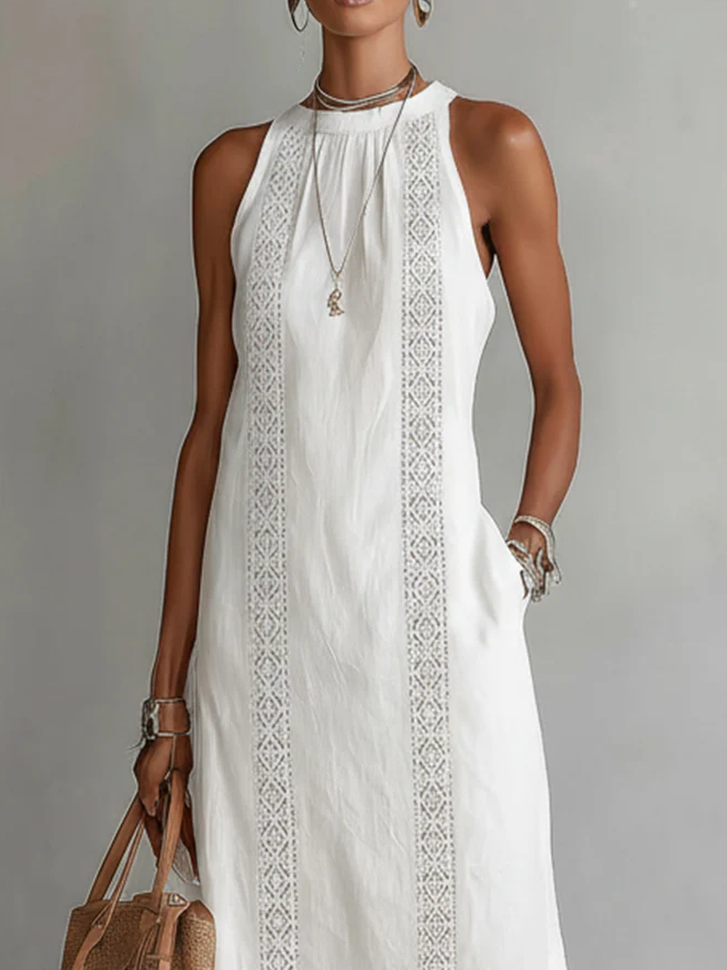 Sovelle | Linen Midi Dress with Mao Collar and Natural Style