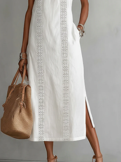 Sovelle | Linen Midi Dress with Mao Collar and Natural Style