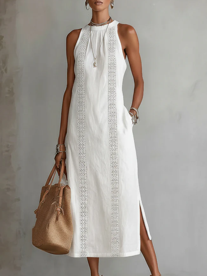 Sovelle | Linen Midi Dress with Mao Collar and Natural Style