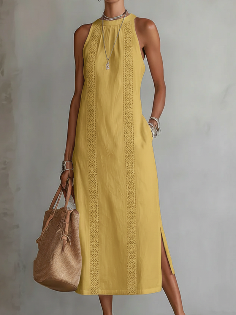 Sovelle | Linen Midi Dress with Mao Collar and Natural Style