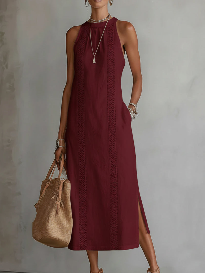 Sovelle | Linen Midi Dress with Mao Collar and Natural Style