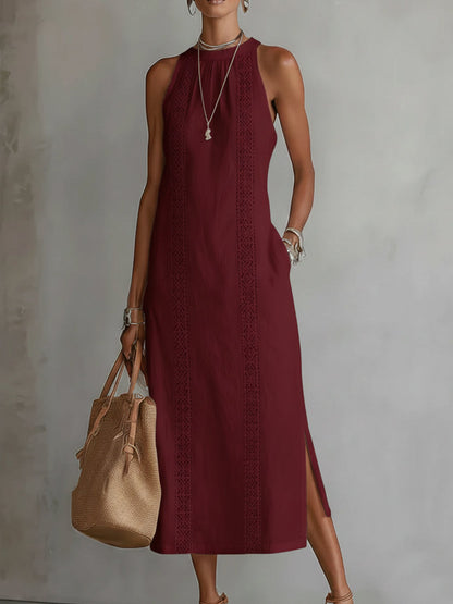 Sovelle | Linen Midi Dress with Mao Collar and Natural Style