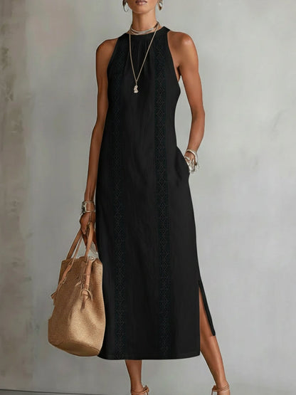 Sovelle | Linen Midi Dress with Mao Collar and Natural Style