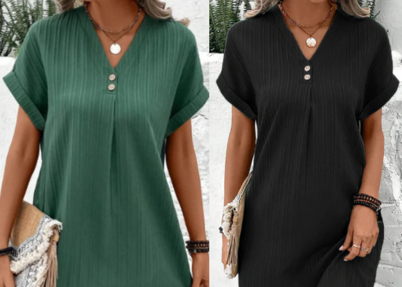 Gorevia | Monochromatic Women's Dress with Elegant V-Neck