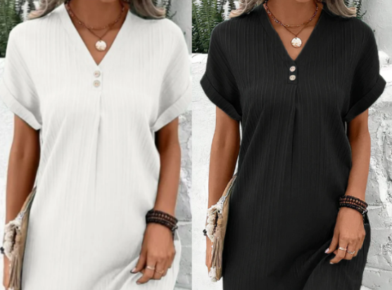 Gorevia | Monochromatic Women's Dress with Elegant V-Neck