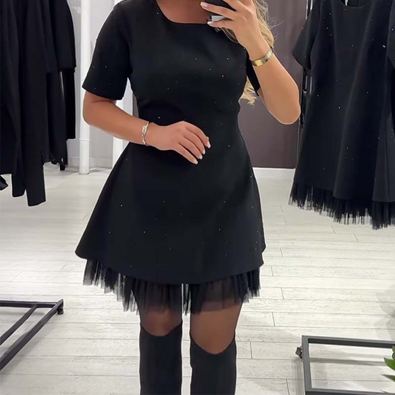 Rovienna™ Short Dress with Lace and Refined Shine
