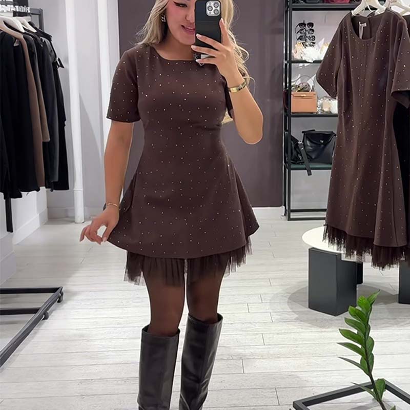 Rovienna™ Short Dress with Lace and Refined Shine