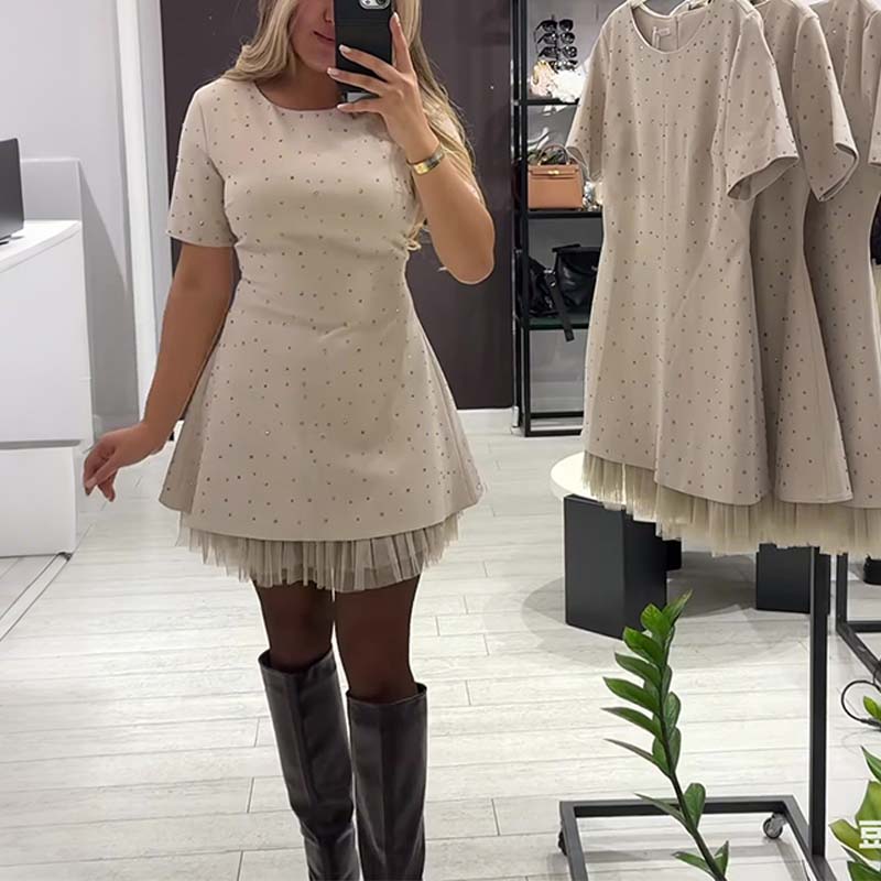 Rovienna™ Short Dress with Lace and Refined Shine