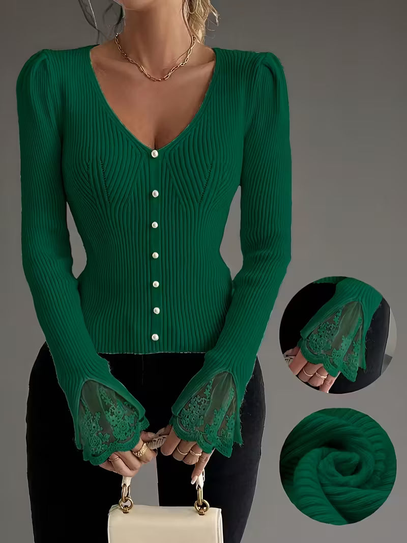 Eviorenne™ Ribbed Blouse with V-Neck and Lace Sleeves